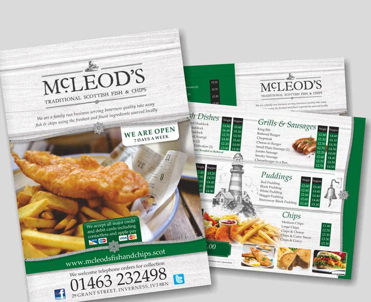 McLeods Fish & Chips Takeaway - A4 Menu Printing Standard Fold from Low Cost Menus.